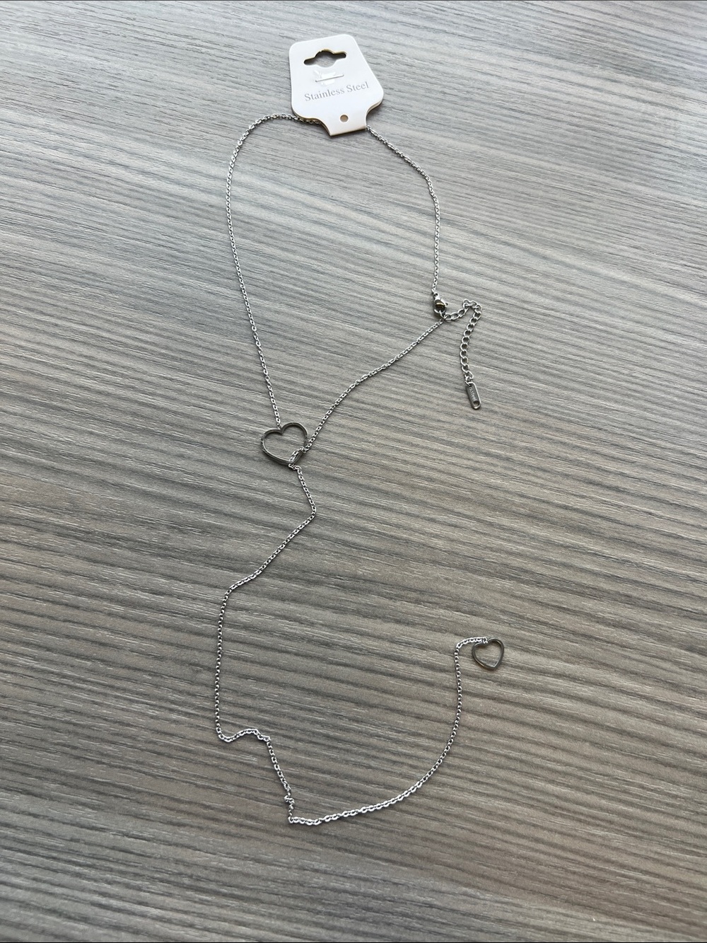Silver Heart Lariat Necklace - Stainless Steel Heart Drop